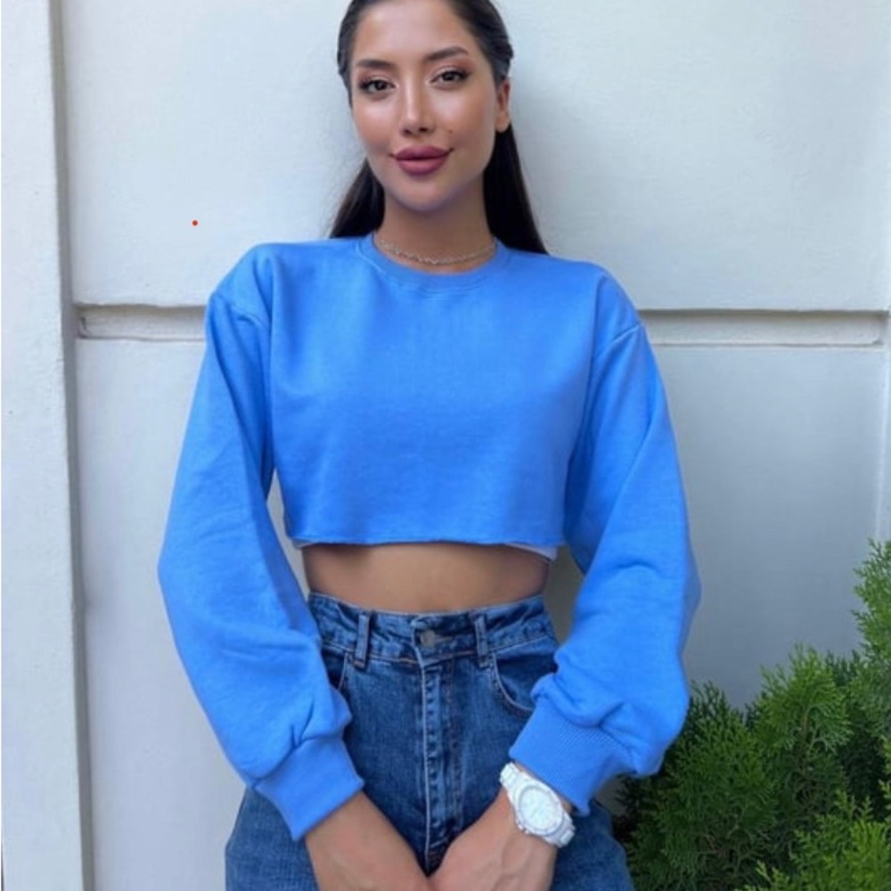We Wore What Blue Crewneck Cropped Sweatshirt